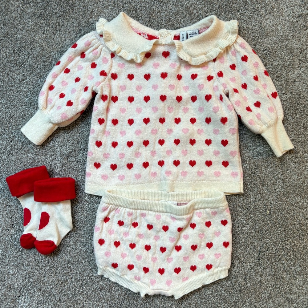 Janie and Jack 3-6mo Heart Print Baby Sweater Set with Bloomer and Socks